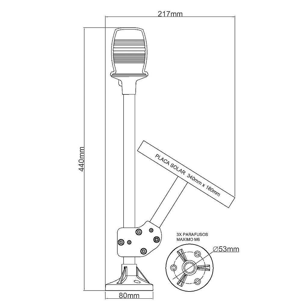 Mástil luz de muelle con panel solar 2 millas 12V LED amarillo